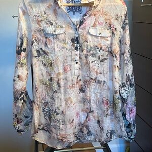 JAK Floral Long Sleeve cotton light Women's quarter button down shirt